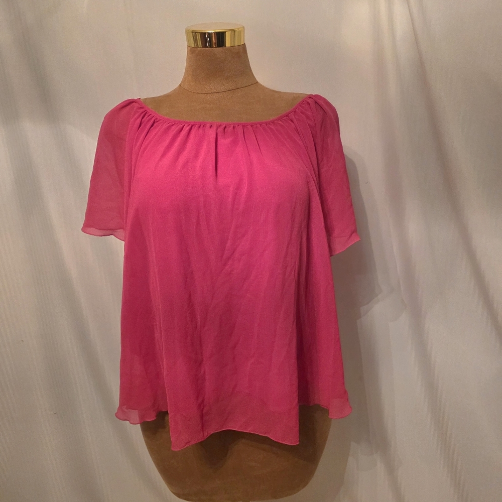 CATO Fushia Pink Sheer Chiffon Flutter Sleeve Blouse-Womens Size Large